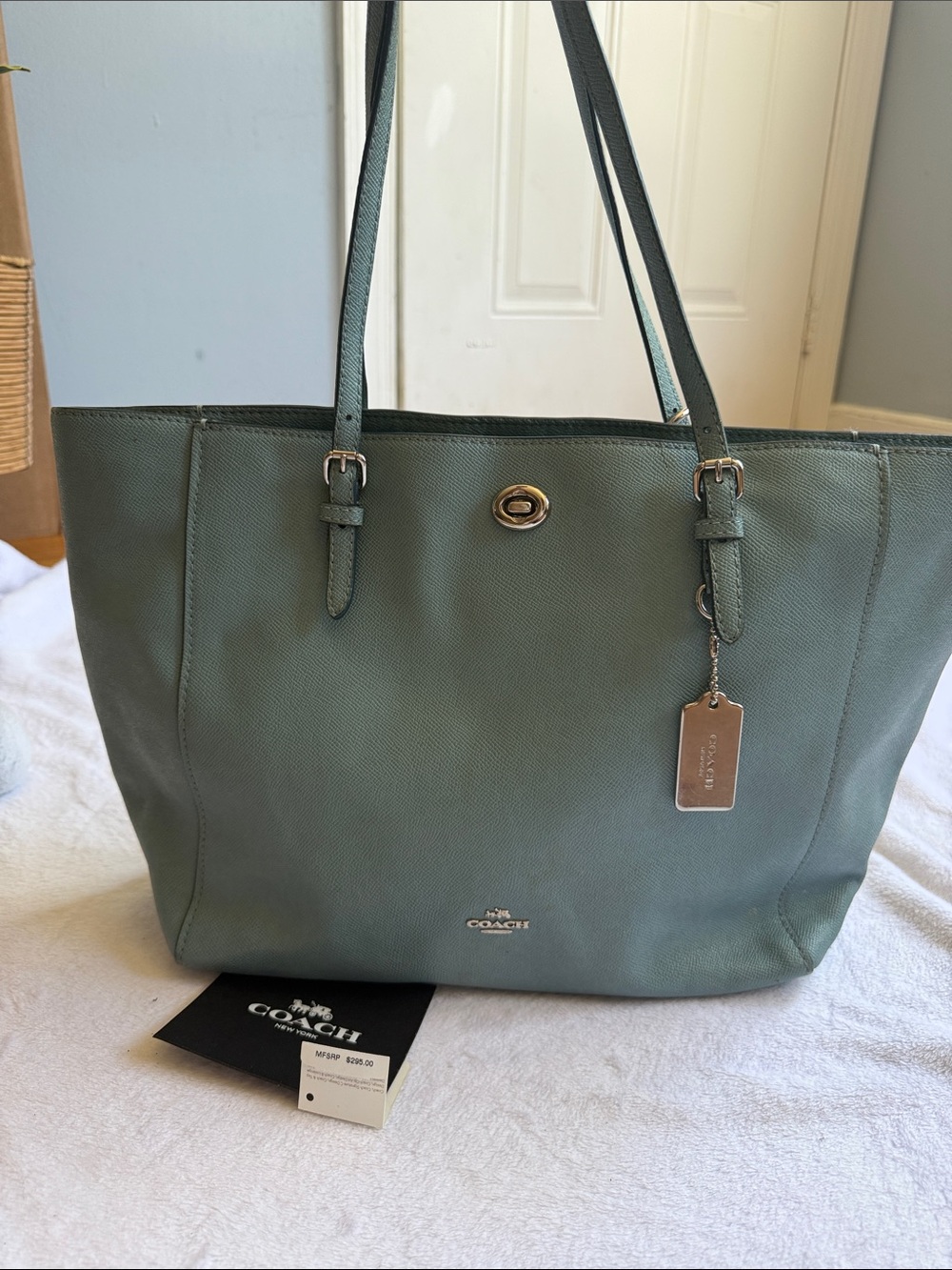 Coach Leather Tote in Sage Green with Silver Hardware